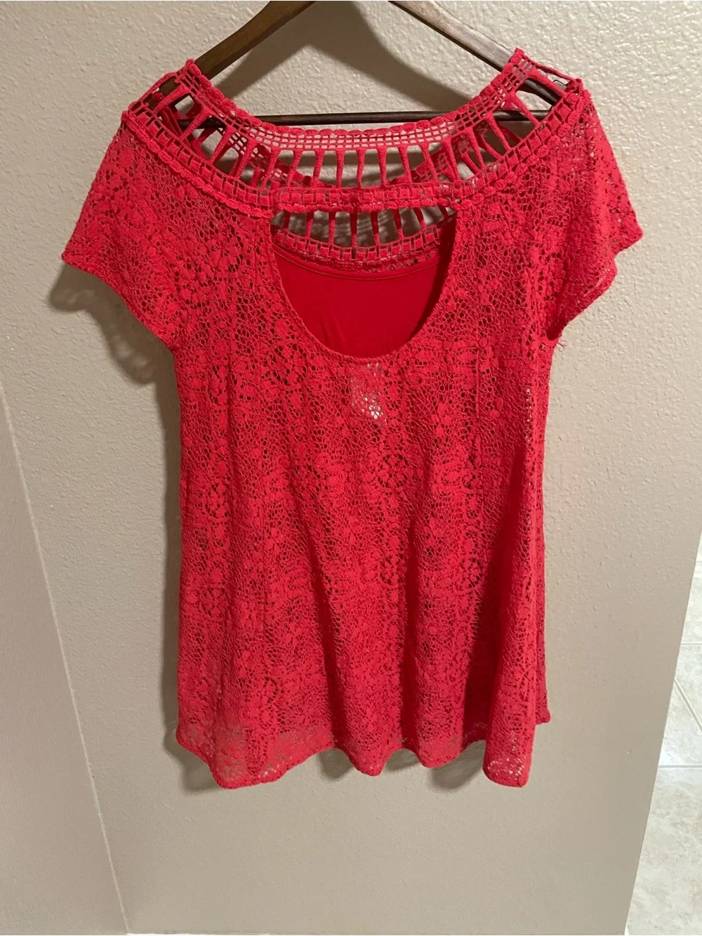 Free People Red Crochet Lace Short Sleeve Tunic Top - Women's